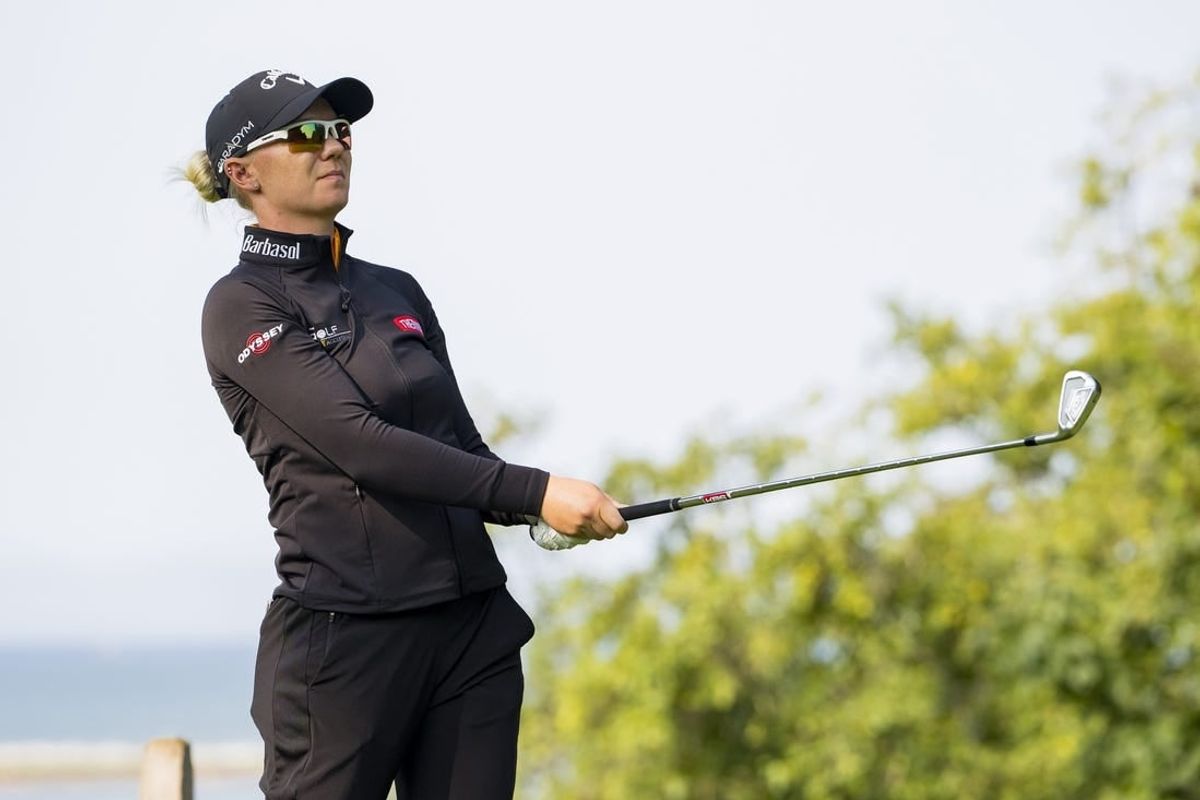 Aug 24, 2023; Vancouver, British Columbia, CAN; Madelene Sagstrom tees off on the twelfth hole during the first round of the CPKC Women's Open golf tournament at Shaughnessy Golf & Country Club.