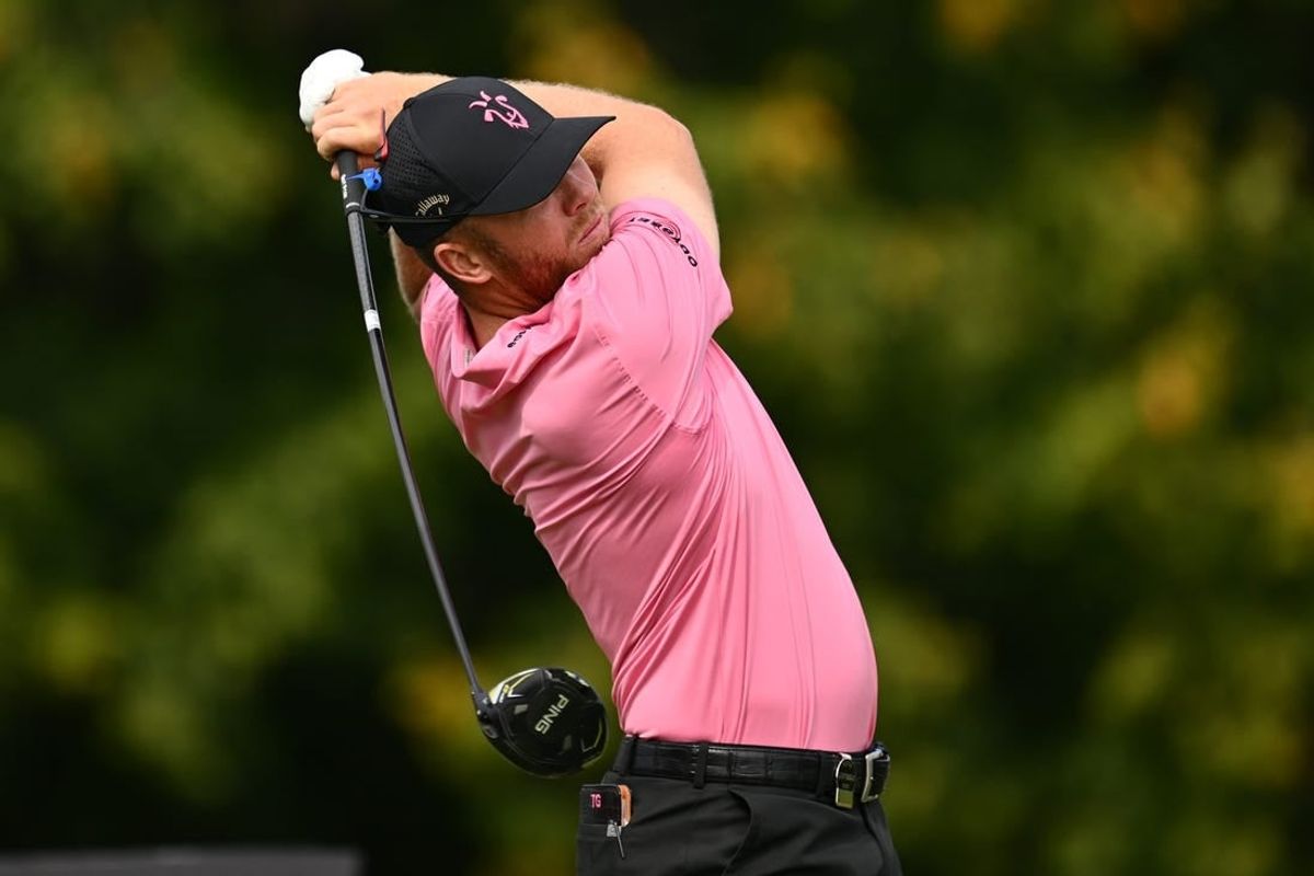 Sep 24, 2023; Sugar Grove, Illinois, USA; Talor Gooch tees off from the 2nd tee during the final round of the LIV Golf Chicago golf tournament at Rich Harvest Farms.