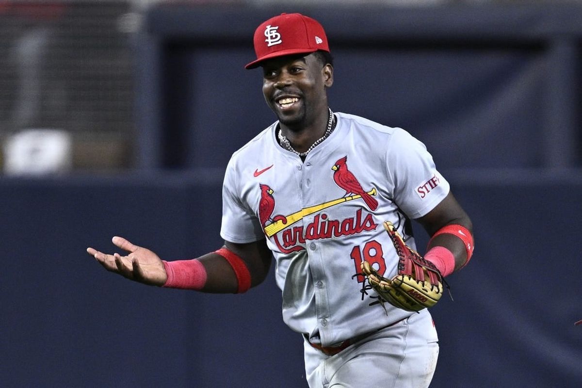 Apr 1, 2024; San Diego, California, USA; St. Louis Cardinals right fielder Jordan Walker (18) reacts after a catch to end the fifth inning against the San Diego Padres at Petco Park.