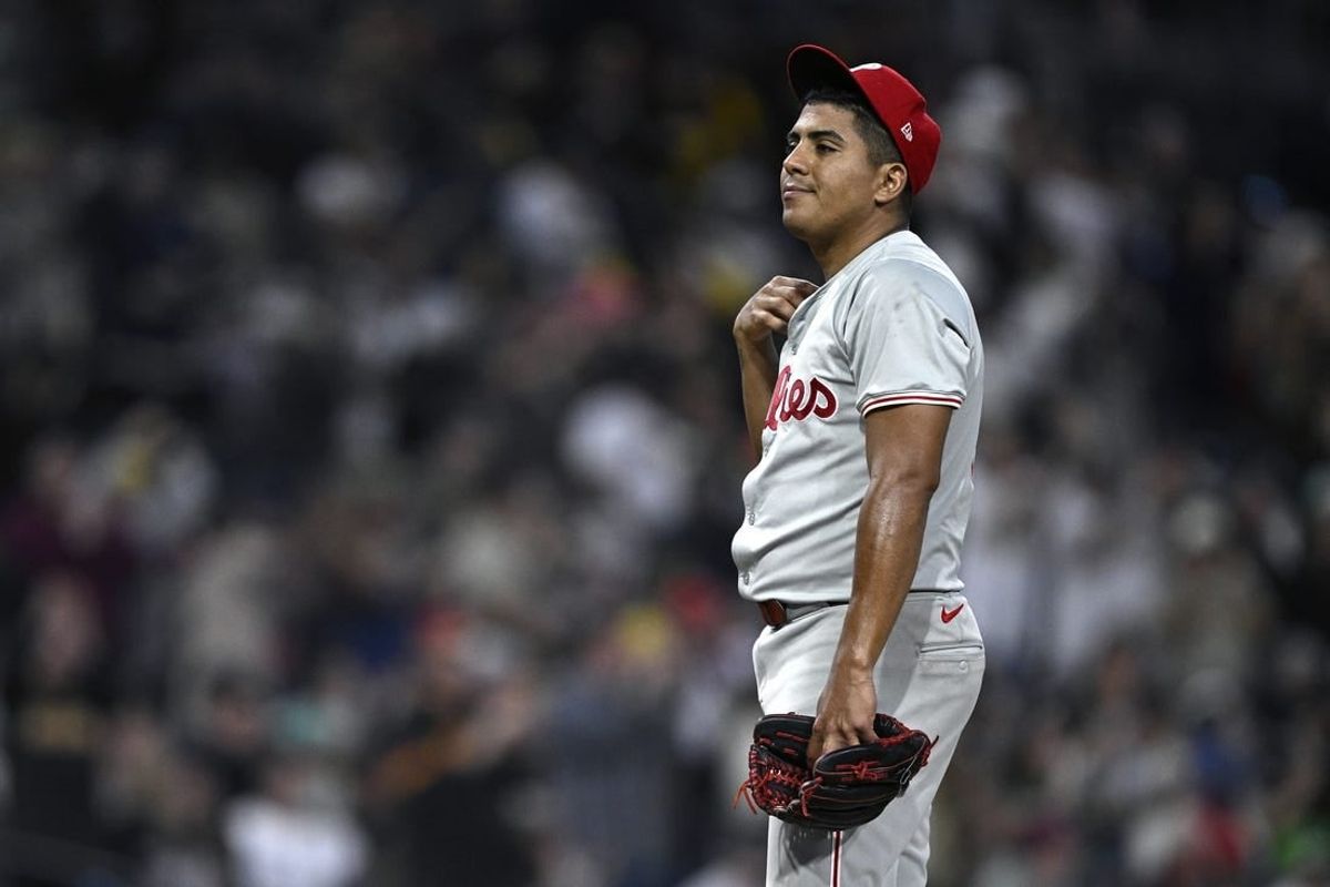 Apr 27, 2024; San Diego, California, USA; Philadelphia Phillies starting pitcher Ranger Suarez (55) reacts after a home run hit by San Diego Padres third baseman Eguy Rosario (not pictured) during the eighth inning at Petco Park.