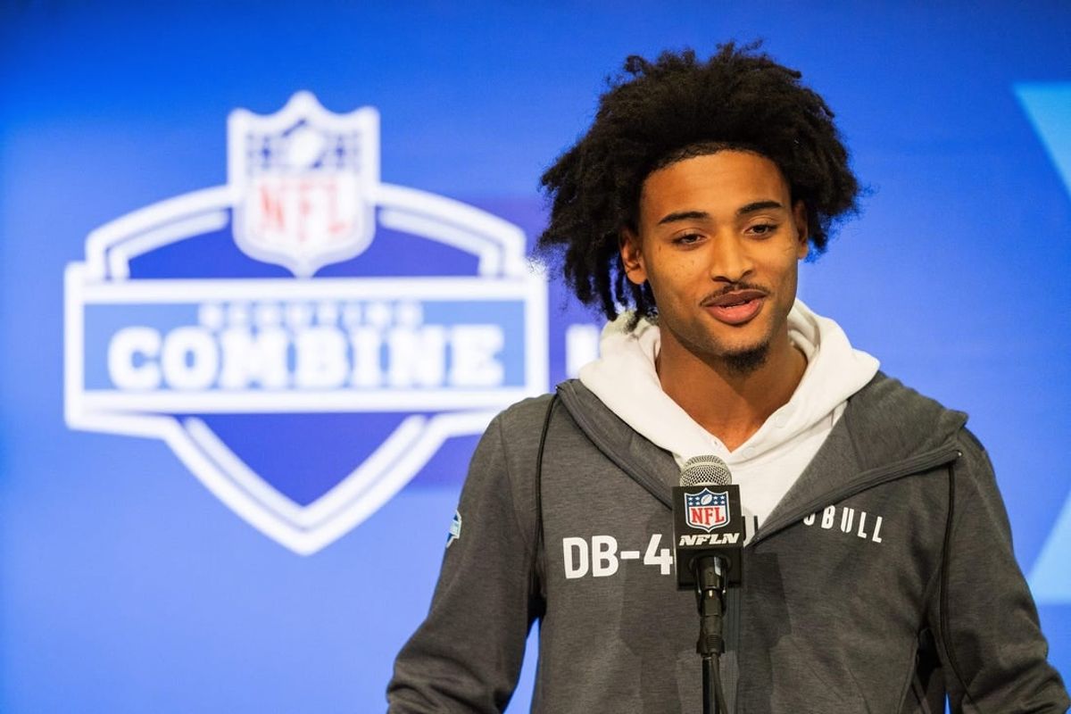 Feb 29, 2024; Indianapolis, IN, USA; Clemson defensive back Nate Wiggins (DB42) talks to the media during the 2024 NFL Combine at Lucas Oil Stadium.