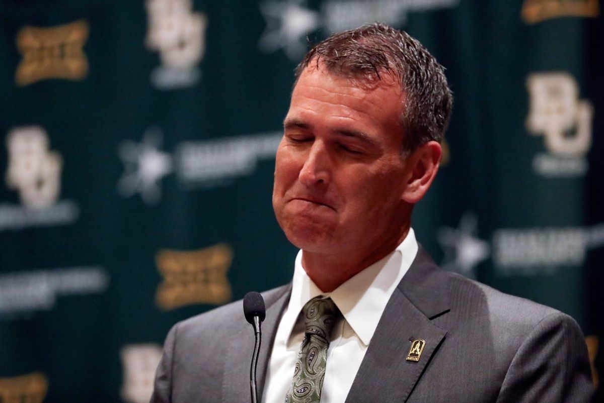 Jul 18, 2016; Dallas, TX, USA; Baylor Bears new athletic director Mack Rhoades reacts at a press conference during the Big 12 Media Days at Omni Dallas Hotel. Mandatory Credit: Kevin Jairaj-Imagn Images