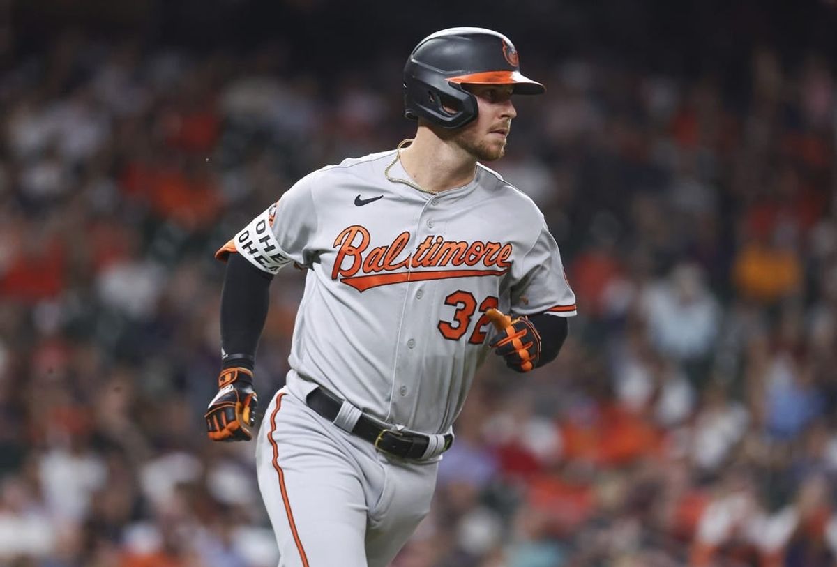 Sep 18, 2023; Houston, Texas, USA; Baltimore Orioles first baseman Ryan O'Hearn (32) runs to first base on a single during the third inning against the Houston Astros at Minute Maid Park.