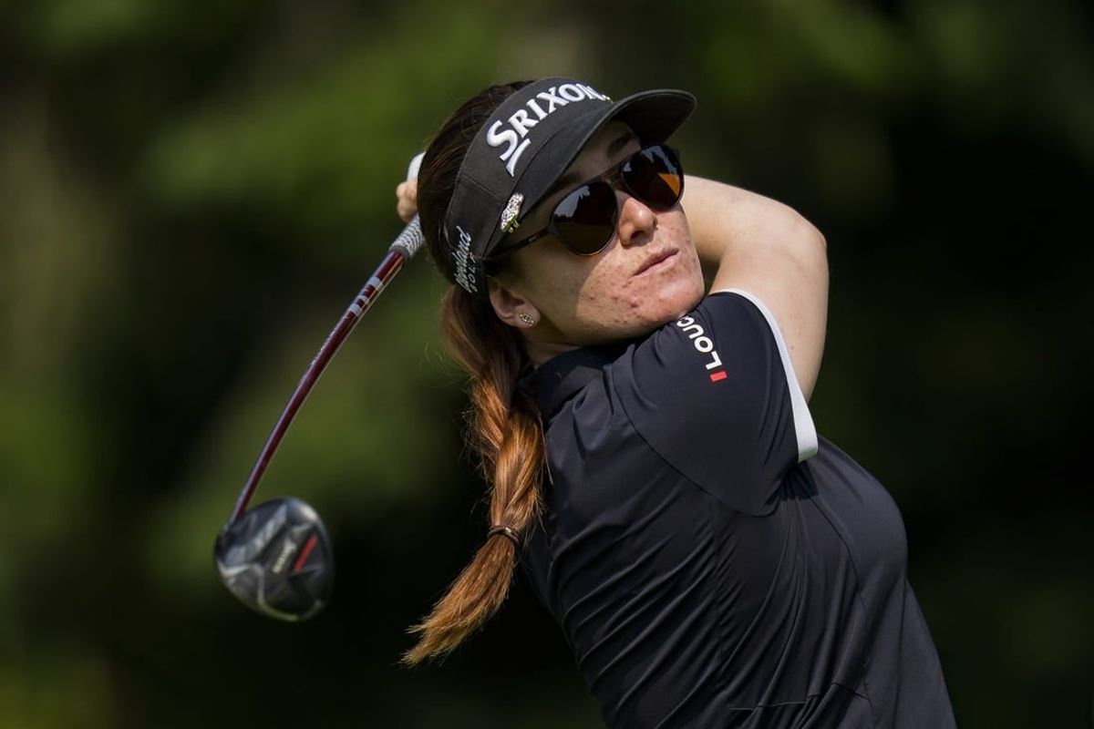 Aug 27, 2023; Vancouver, British Columbia, CAN; Hannah Green tees of on the fourth hole during the final round of the CPKC Women's Open golf tournament at Shaughnessy Golf & Country Club.