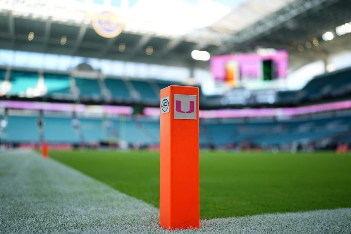 Oct 7, 2023; Miami Gardens, Florida, USA; A general view of an end zone pylon prior to the game between the Miami Hurricanes and the Georgia Tech Yellow Jackets at Hard Rock Stadium.