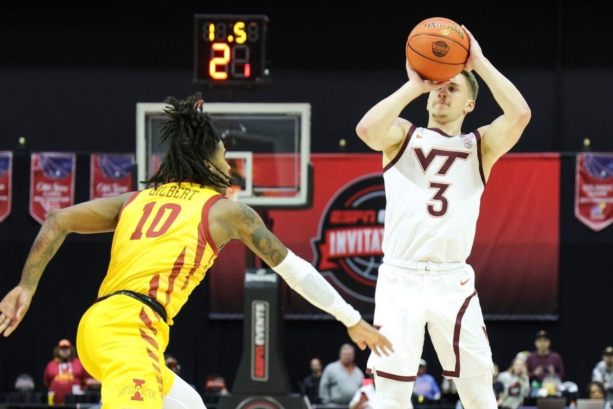 Nov 24, 2023; Kissimmee, FL, USA;  Virginia Tech Hokies guard Sean Pedulla (3) shoots the ball against the Iowa State Cyclones in the first half during the ESPN Events Invitational Semifinal at State Farm Field House.