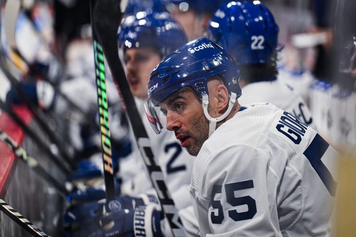 Nov 17, 2023; Stockholm, SWE; Toronto Maple Leafs defenseman Mark Giordano (55) on the bench against the Detroit Red Wings during a Global Series NHL hockey game at Avicii Arena.