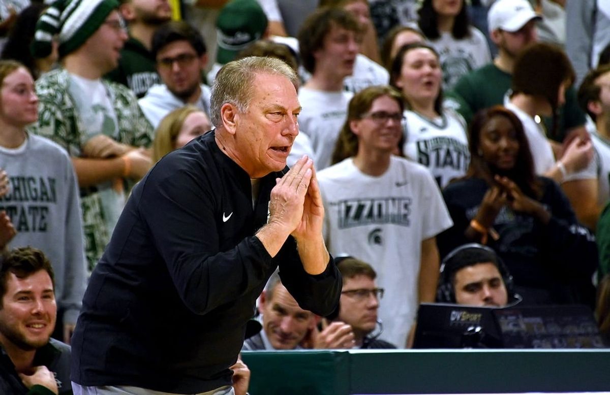 Nov 28, 2023; East Lansing, Michigan, USA; Michigan State Spartans head coach Tom Izzo reacts on the sidelines against the Georgia Southern Eagles at Jack Breslin Student Events Center.