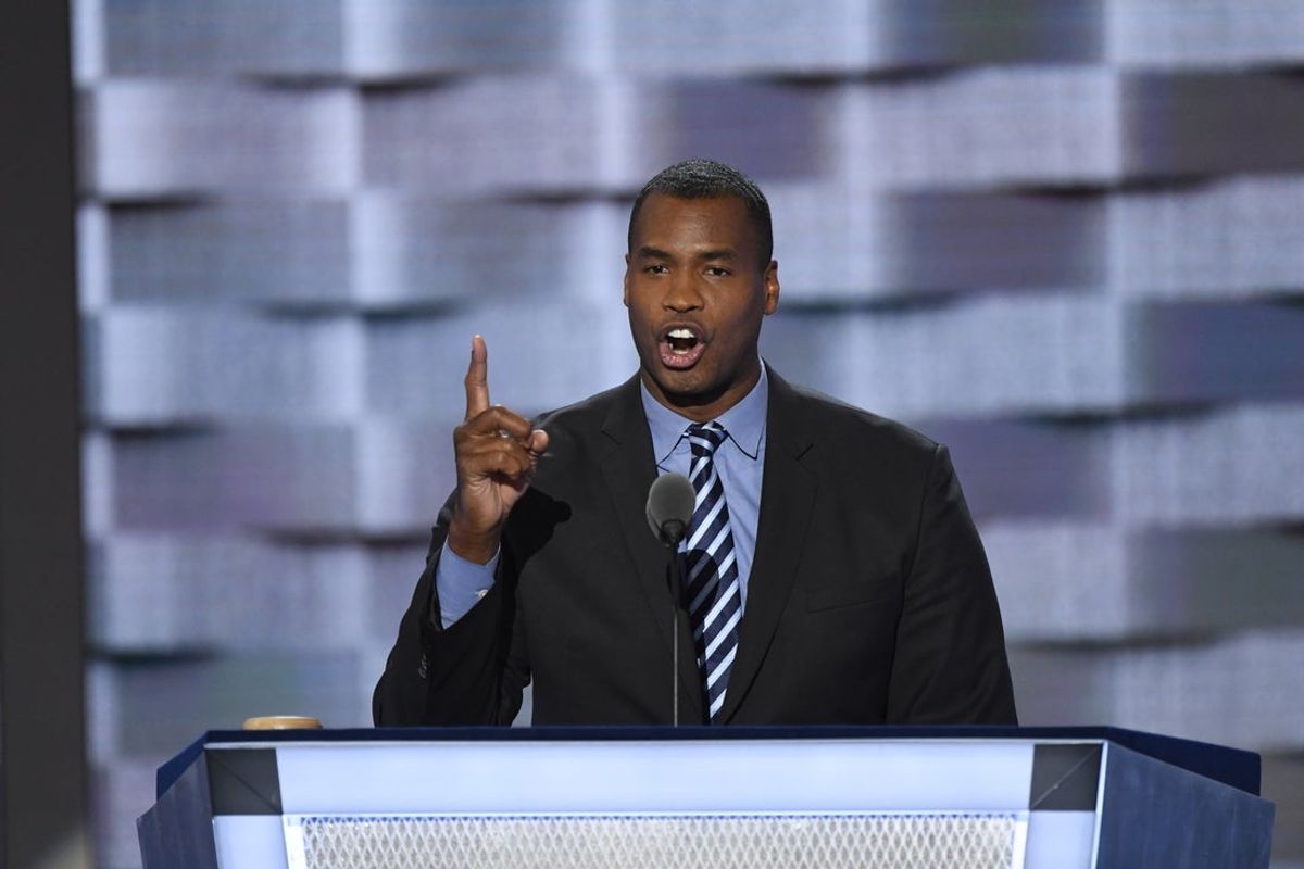 Jul 25, 2016; Philadelphia, PA, USA; Former NBA player Jason Collins speaks during the 2016 Democratic National Convention at Wells Fargo Arena. Collins is first publicly gay athlete to play in any of four major American sports. Mandatory Credit: Robert Deutsch-USA TODAY NETWORK