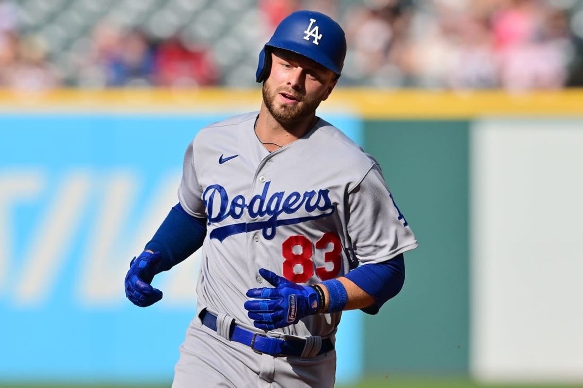 Aug 24, 2023; Cleveland, Ohio, USA; Los Angeles Dodgers designated hitter Michael Busch (83) rounds the bases after hitting a home run during the fourth inning against the Cleveland Guardians at Progressive Field.