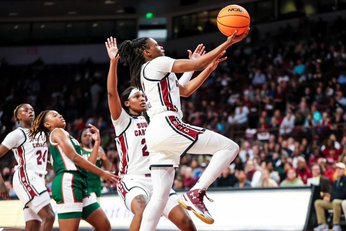 Nov 24, 2023; Columbia, South Carolina, USA; South Carolina Gamecocks guard MiLaysia Fulwiley (12) drives against the Mississippi Valley State Devilettes in the second half at Colonial Life Arena.