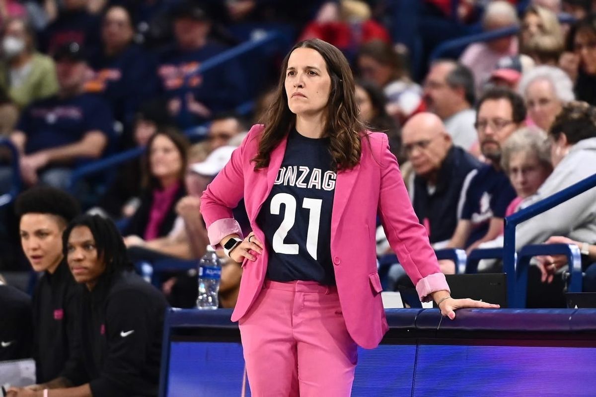 Feb 11, 2023; Spokane, Washington, USA; Gonzaga Bulldogs head coach Lisa Fortier looks on against the Portland Pilots in the first half at McCarthey Athletic Center.