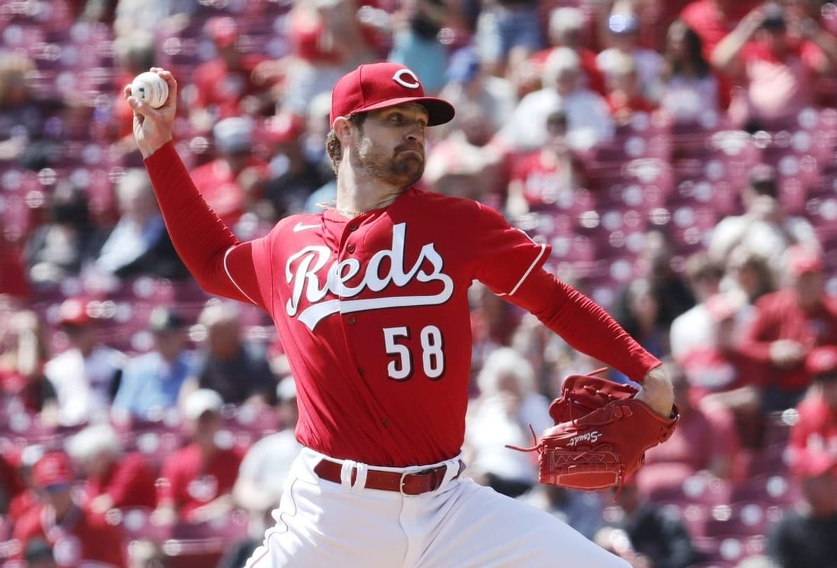 Apr 19, 2023; Cincinnati, Ohio, USA; Cincinnati Reds starting pitcher Levi Stoudt (58) throws against the Tampa Bay Rays during the first inning at Great American Ball Park.
