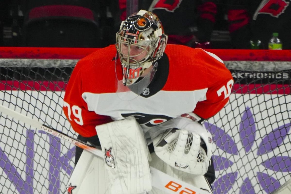 Nov 15, 2023; Raleigh, North Carolina, USA; Philadelphia Flyers goaltender Carter Hart (79) looks on before the game against the Carolina Hurricanes at PNC Arena.