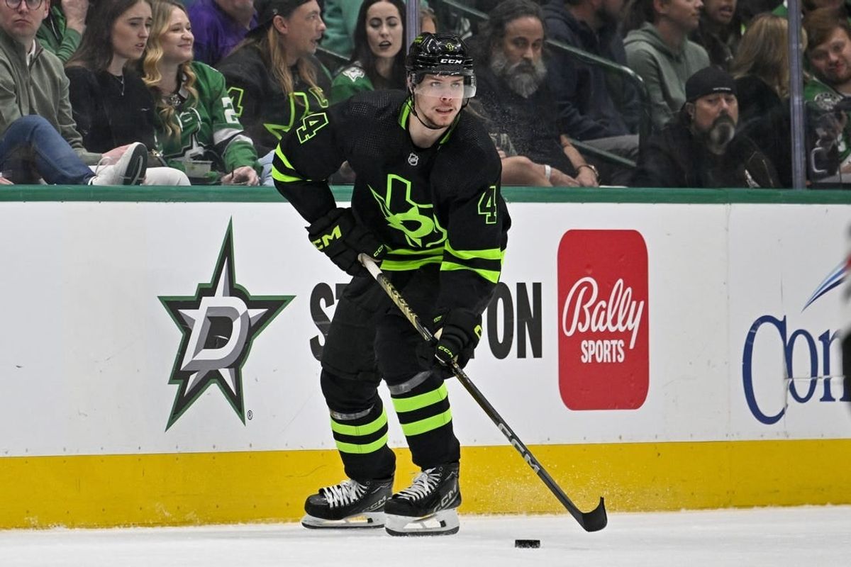 Dec 31, 2023; Dallas, Texas, USA; Dallas Stars defenseman Miro Heiskanen (4) skates against the Chicago Blackhawks during the second period at the American Airlines Center.