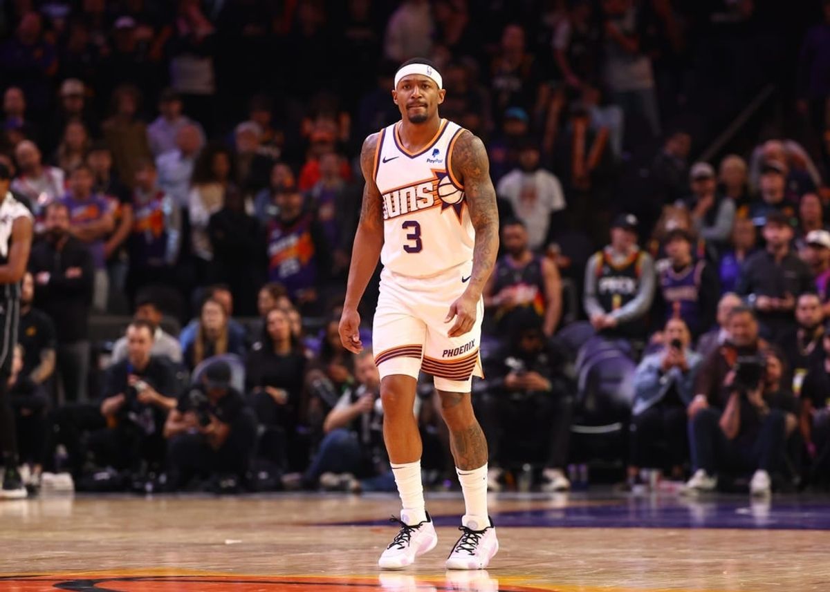 Dec 13, 2023; Phoenix, Arizona, USA; Phoenix Suns guard Bradley Beal (3) against the Brooklyn Nets at Footprint Center.