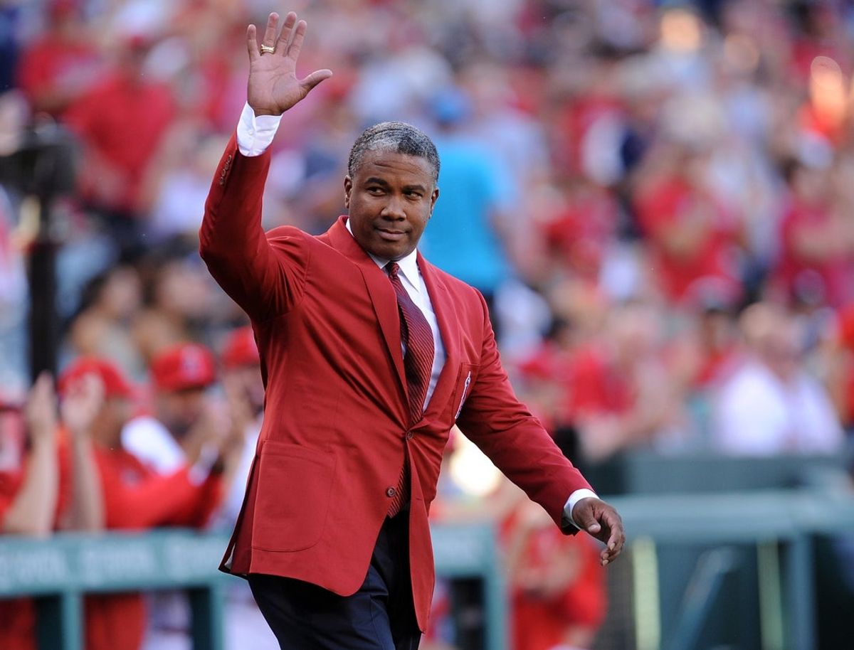 August 20, 2016; Anaheim, CA, USA; Former Los Angeles Angels player Garret Anderson acknowledges spectators before being introduced for induction into the Angels hall of fame at Angel Stadium of Anaheim. Mandatory Credit: Gary A. Vasquez-Imagn Images