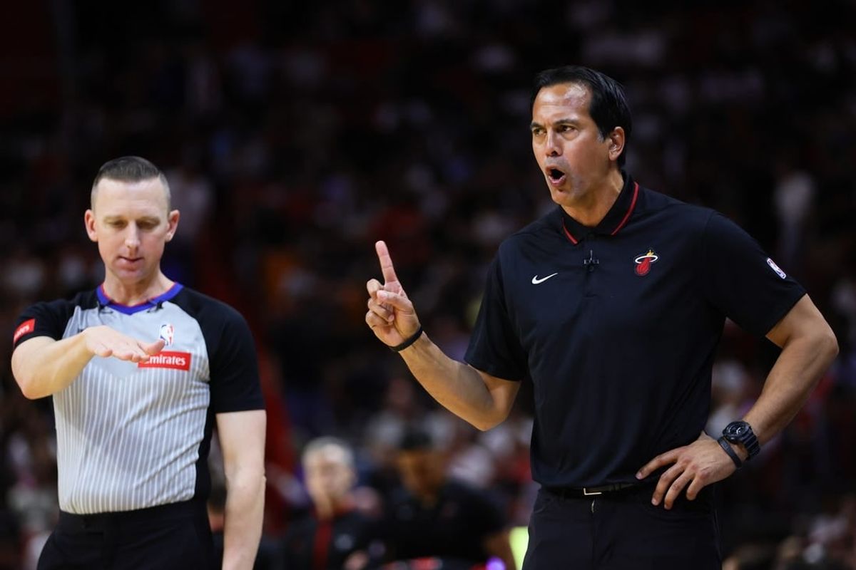 Apr 19, 2024; Miami, Florida, USA; Miami Heat head coach Erik Spoelstra argues with referee Justin Van Duyne (64) in the second quarter against the Chicago Bulls during a play-in game of the 2024 NBA playoffs at Kaseya Center.