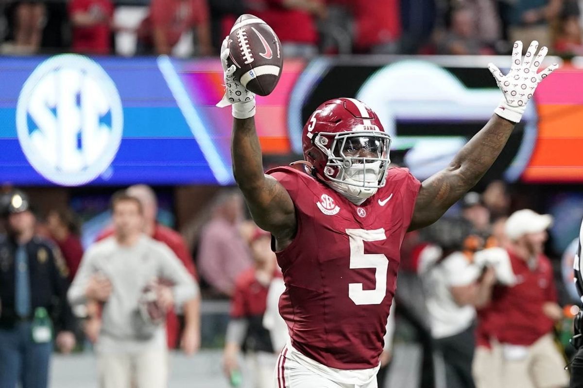 Dec 2, 2023; Atlanta, GA, USA; Alabama Crimson Tide running back Roydell Williams (5) reacts against the Georgia Bulldogs during the second half in the SEC Championship game at Mercedes-Benz Stadium.