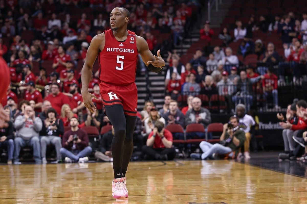 Dec 23, 2023; Newark, NY, USA; Rutgers Scarlet Knights forward Aundre Hyatt (5) reacts after a three point basket during the first half against the Mississippi State Bulldogs at Prudential Center.
