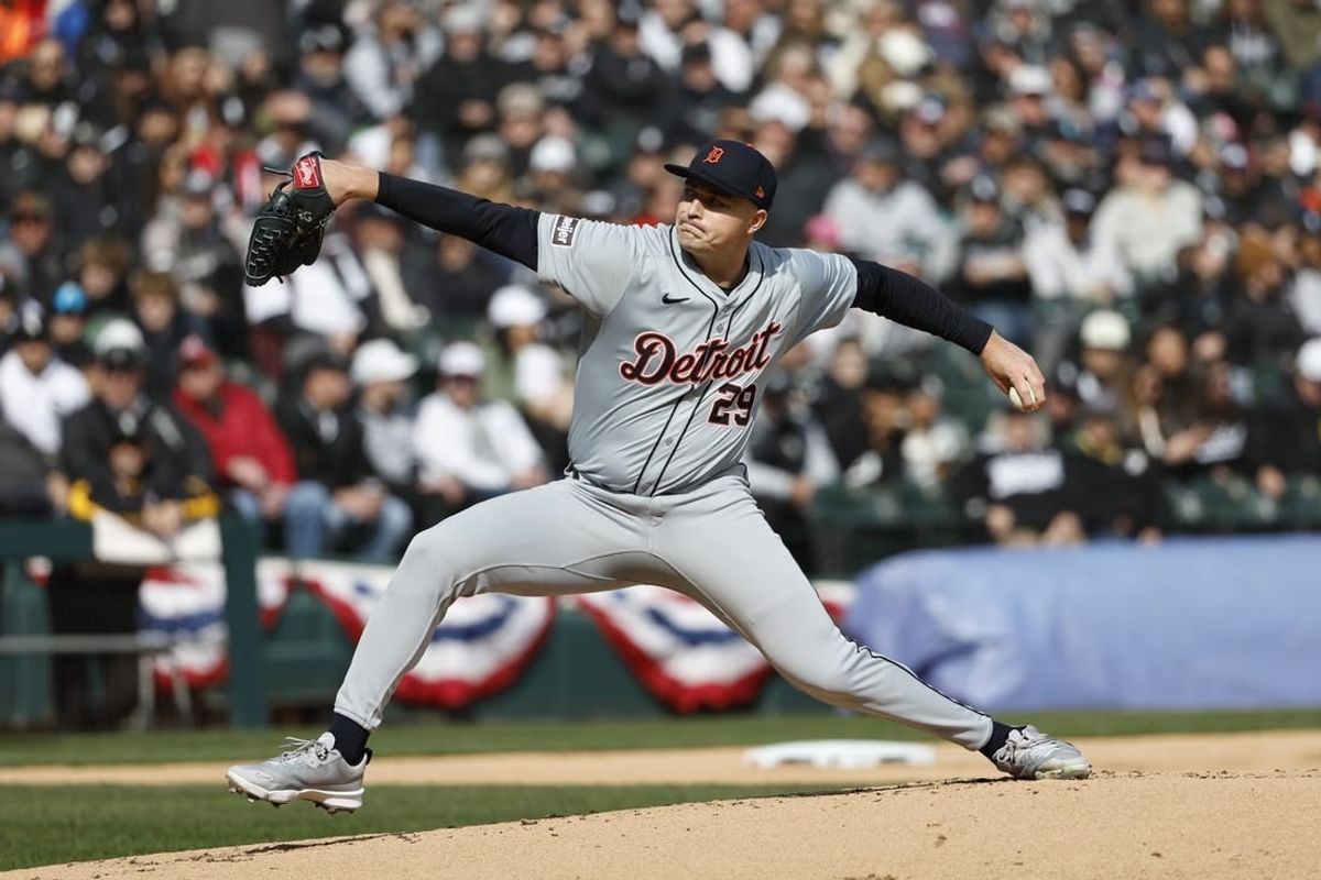 Mar 28, 2024; Chicago, Illinois, USA; Detroit Tigers starting pitcher Tarik Skubal (29) delivers a pitch during the first inning of the Opening Day game against the Chicago White Sox at Guaranteed Rate Field.