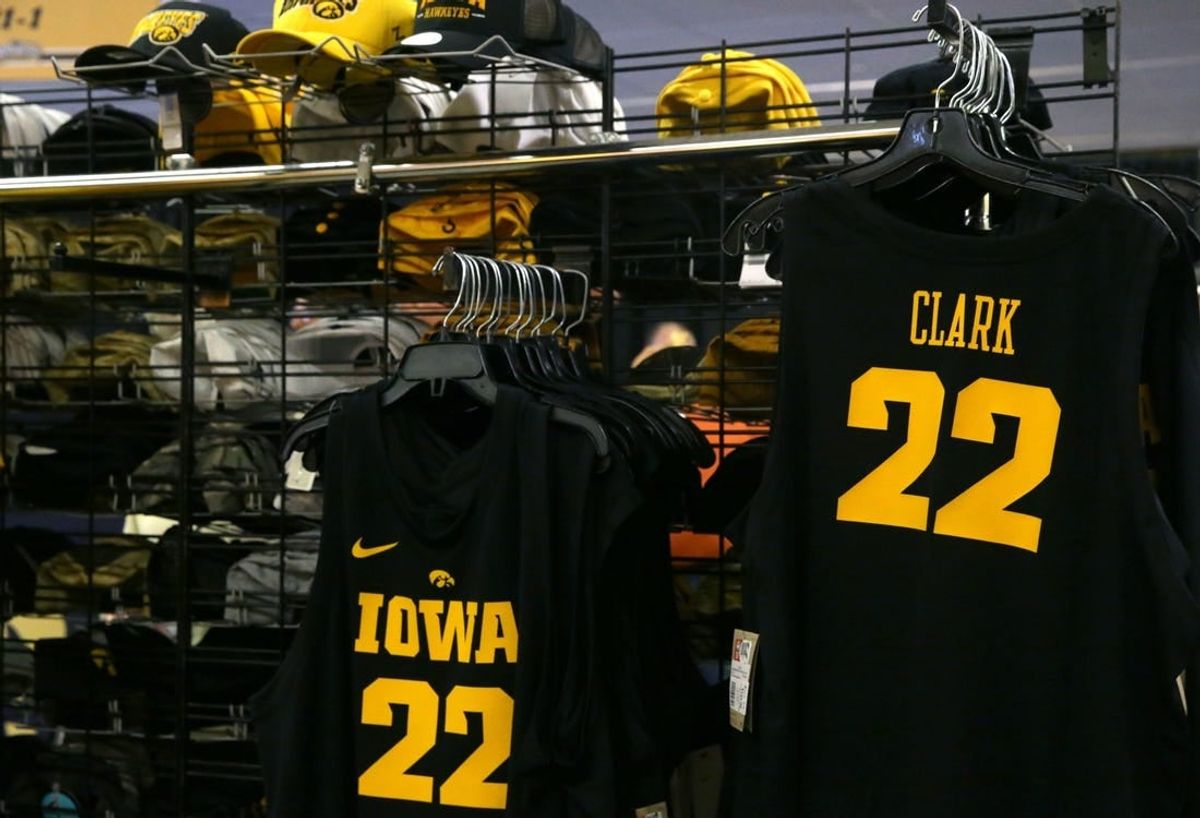 Jerseys and shirts bearing Caitlin Clark   s name and number hang on a rack Sunday, March 10, 2024 at Carver-Hawkeye Arena in Iowa City, Iowa.