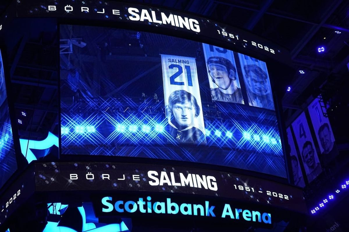 Nov 30, 2022; Toronto, Ontario, CAN; The scoreboard displays a tribute to the late Toronto Maple Leafs  Borje Salming before the start of the first period between the San Jose Sharks and Toronto Maple Leafs at Scotiabank Arena.