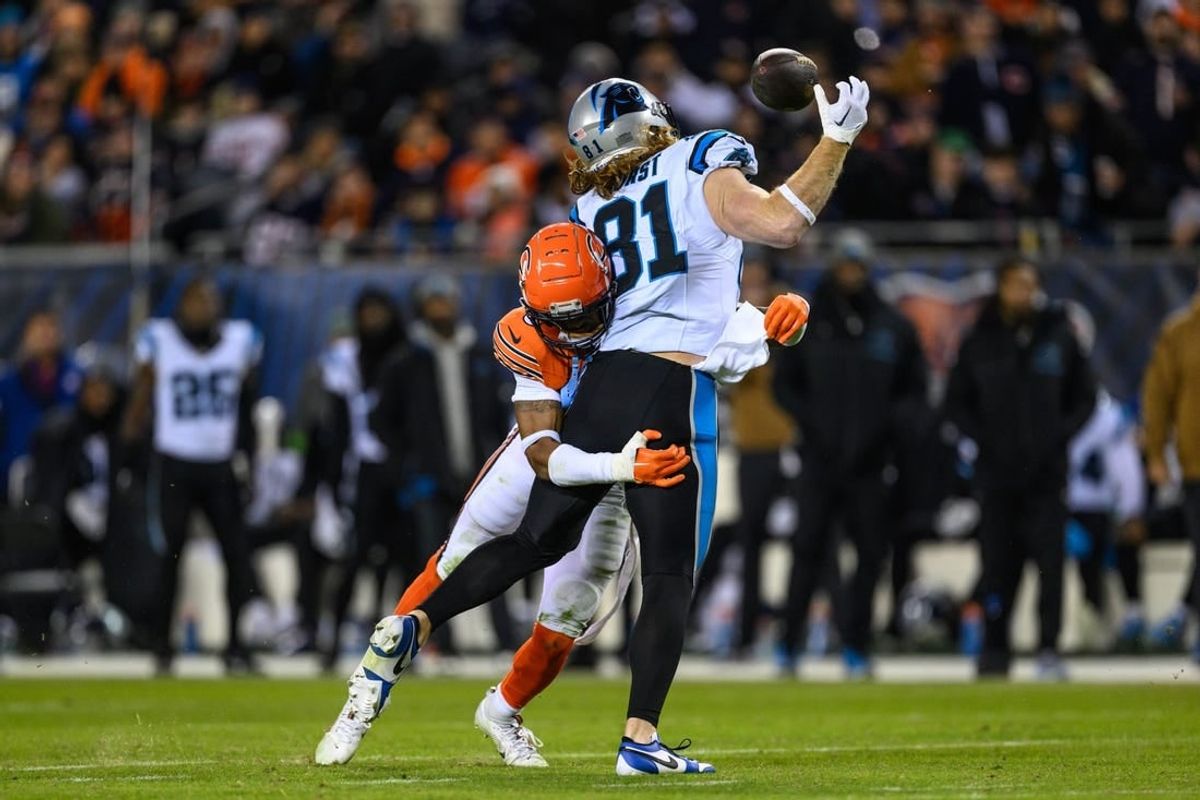 Nov 9, 2023; Chicago, Illinois, USA; Chicago Bears strong safety Jaquan Brisker (9) hits Carolina Panthers tight end Hayden Hurst (81) causing an incompletion during the fourth quarter at Soldier Field.