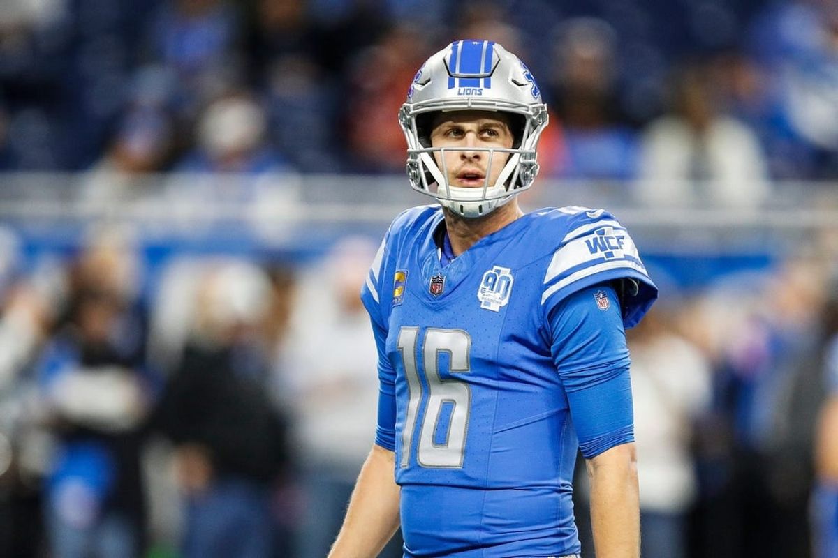Detroit Lions quarterback Jared Goff looks on at warm up before the Denver Broncos game at Ford Field in Detroit on Saturday, Dec. 16, 2023.