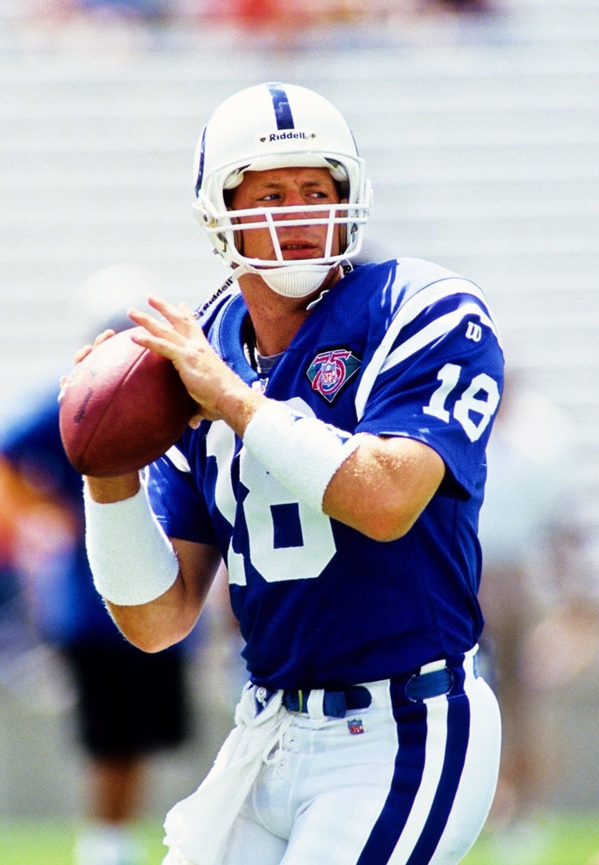 Sep 11, 1994; Tampa, FL, USA; Indianapolis Colts quarterback Browning Nagle (18) warms up on the field prior to a game against the Tampa Bay Buccaneers at Tampa Stadium. Mandatory Credit: Michael C. Hebert-USA TODAY NETWORK