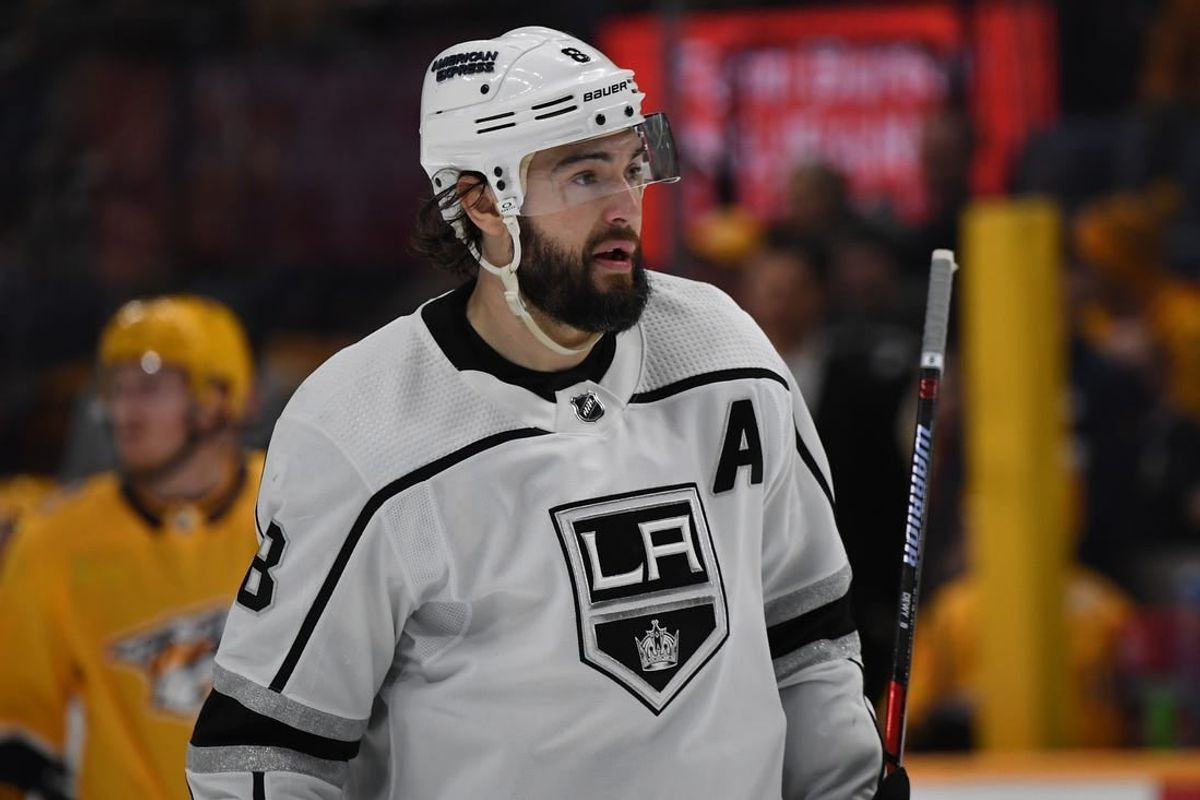 Jan 31, 2024; Nashville, Tennessee, USA; Los Angeles Kings defenseman Drew Doughty (8) skates during a stoppage during the third period against the Nashville Predators at Bridgestone Arena.