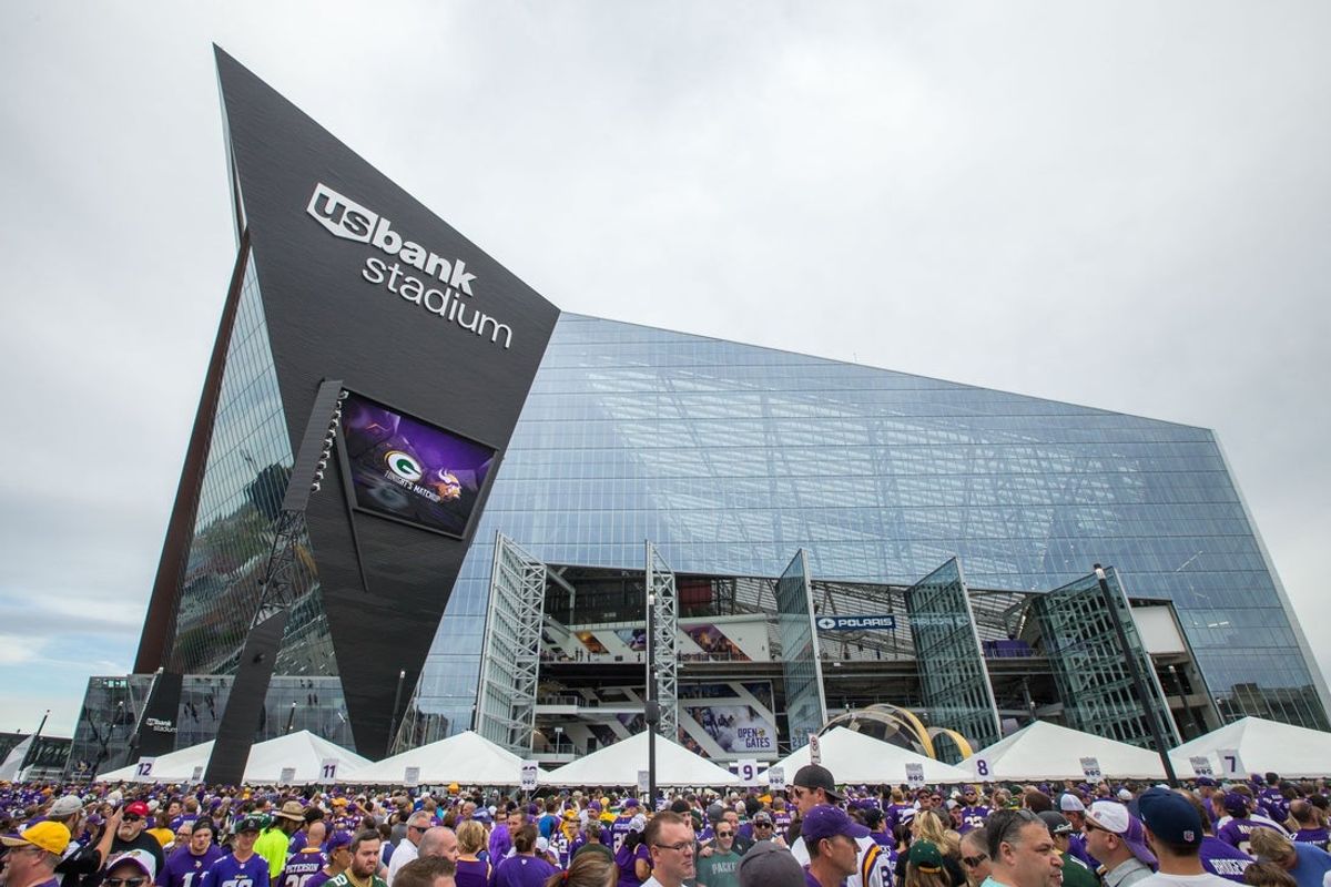 Sep 18, 2016; Minneapolis, MN, USA; A general view of the outside of U.S. Bank Stadium prior to the game between the Minnesota Vikings and Green Bay Packers. Mandatory Credit: Brace Hemmelgarn-Imagn Images