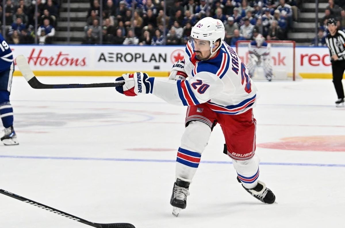 Mar 2, 2024; Toronto, Ontario, CAN; New York Rangers forward Chris Kreider (20) shoots the puck against the Toronto Maple Leafs in the second period at Scotiabank Arena.