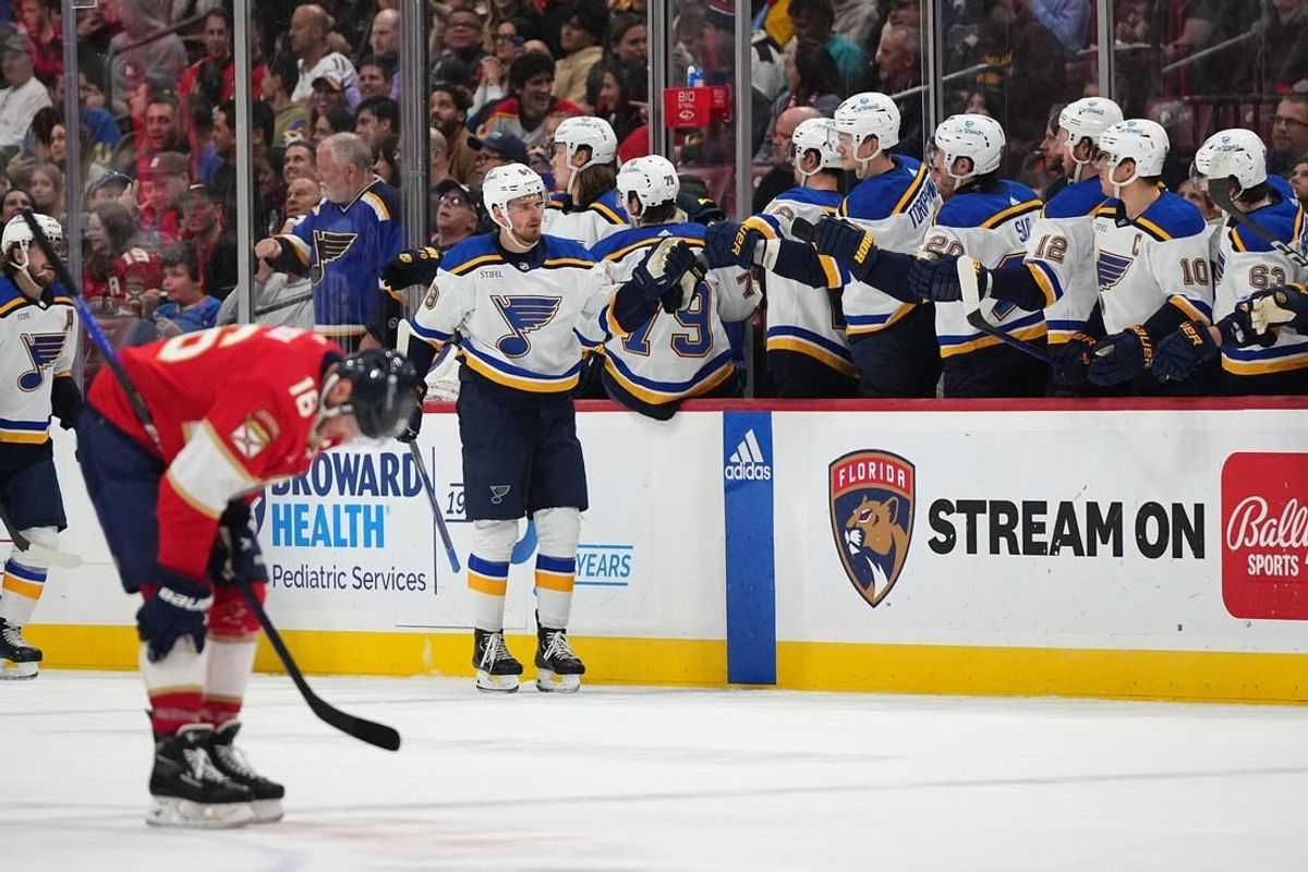 Dec 21, 2023; Sunrise, Florida, USA; St. Louis Blues left wing Pavel Buchnevich (89) celebrates his goal against the Florida Panthers with teamates on the bench during the second period at Amerant Bank Arena.