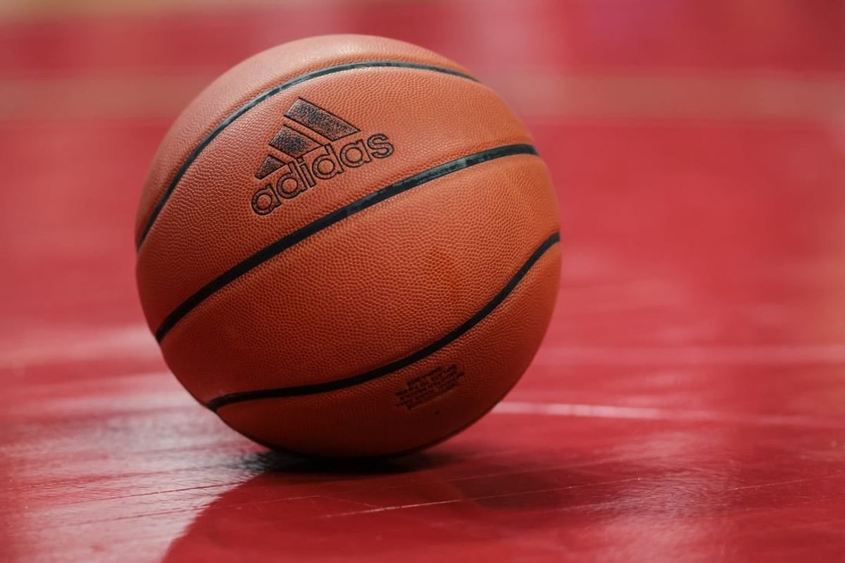 Mar 5, 2023; Piscataway, New Jersey, USA; A view of an adidas game ball on the floor during the second half between the Rutgers Scarlet Knights and the Northwestern Wildcats at Jersey Mike's Arena.