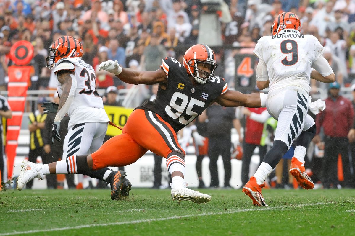 Cleveland Brown s defensive end Myles Garrett (95) sacks Cincinnati Bengals quarterback Joe Burrow (9) during an NFL football game, Sunday, Sep. 10, 2023, in Cleveland.