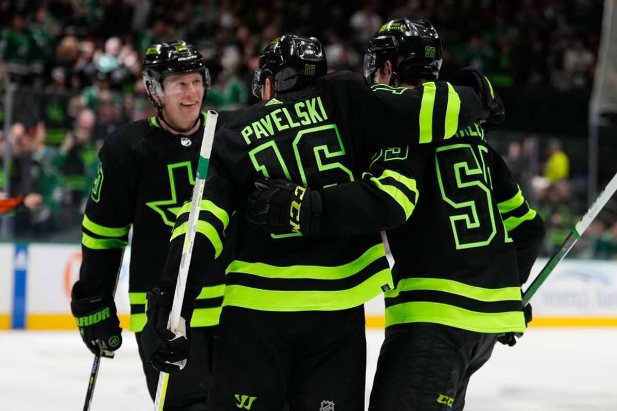 Dec 2, 2023; Dallas, Texas, USA; Dallas Stars center Joe Pavelski (16) celebrates with teammates after scoring a goal against the Tampa Bay Lightning during the second period at American Airlines Center.