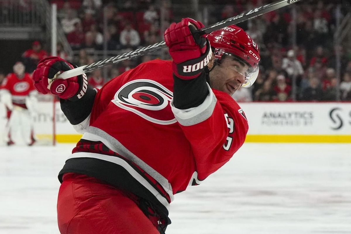 Jan 19, 2023; Raleigh, North Carolina, USA; Carolina Hurricanes left wing Max Pacioretty (67) takes a shot against the Minnesota Wild in the third period at PNC Arena.