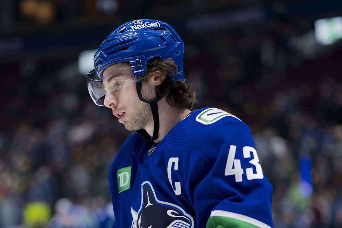 Mar 13, 2024; Vancouver, British Columbia, CAN; Vancouver Canucks defenseman Quinn Hughes (43) skates during warm up prior to a game against the Colorado Avalanche at Rogers Arena.