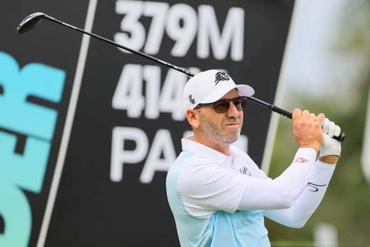 Apr 4, 2024; Miami, Florida, USA; Sergio Garcia watches his shot from the fifth tee during the LIV Golf Miami ProAm at Trump National Doral.