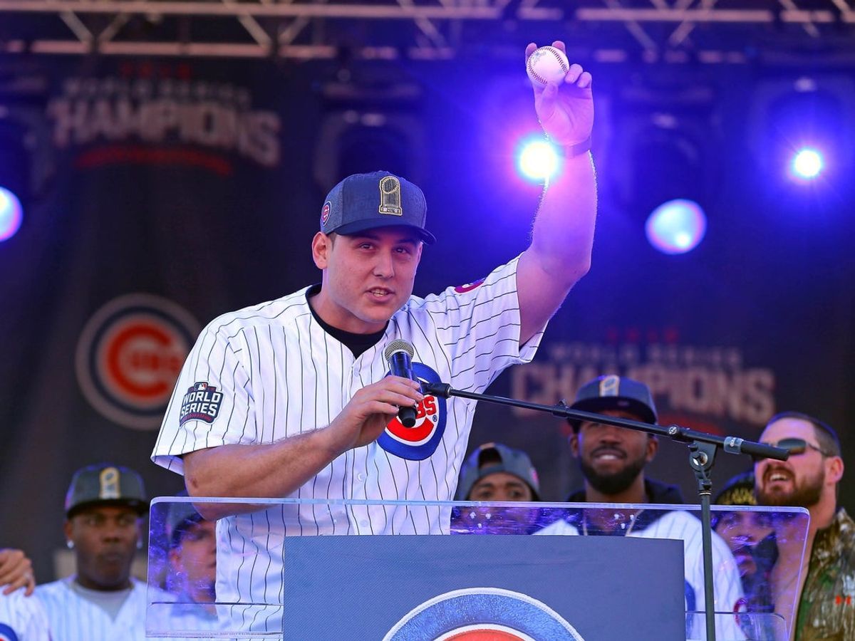 Nov 4, 2016; Chicago, IL, USA; Chicago Cubs first baseman Anthony Rizzo (44) holds the ball from the final out of game 7 during the World Series victory rally in Grant Park. Mandatory Credit: Dennis Wierzbicki-Imagn Images
