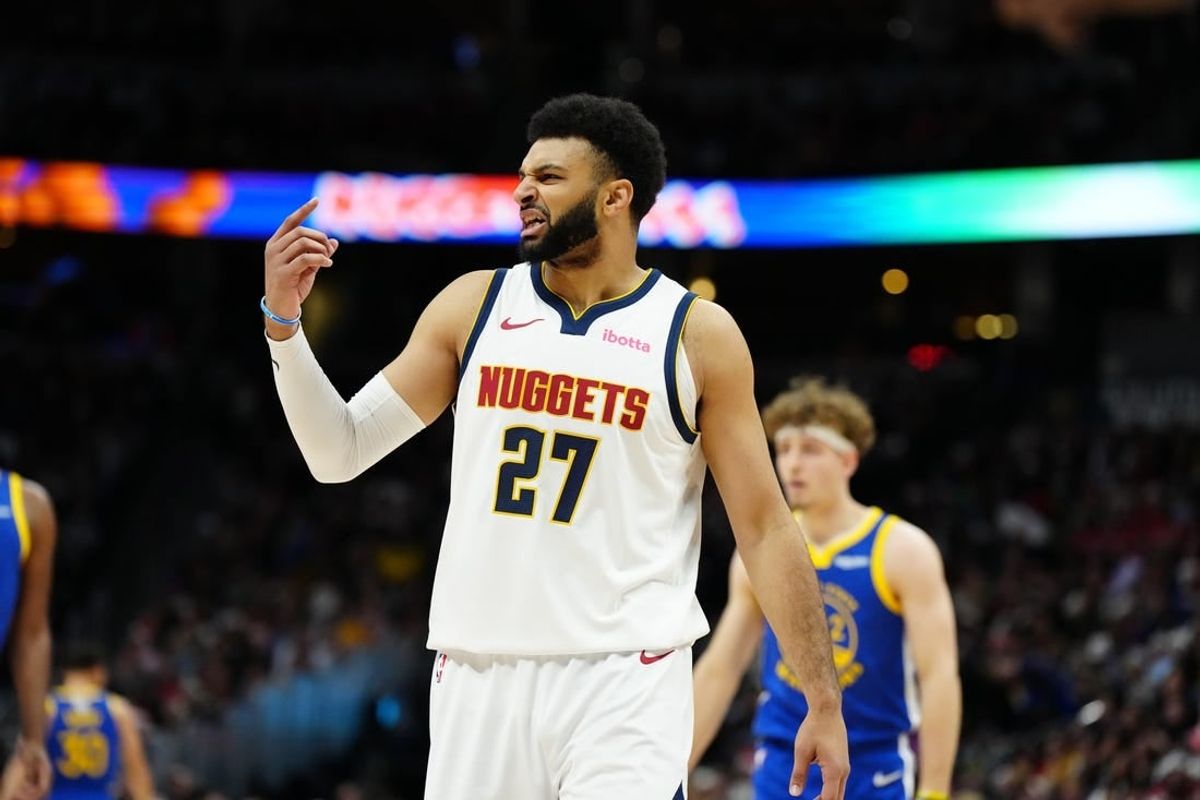 Dec 25, 2023; Denver, Colorado, USA; Denver Nuggets guard Jamal Murray (27) reacts in the first quarter against the Golden State Warriors at Ball Arena.