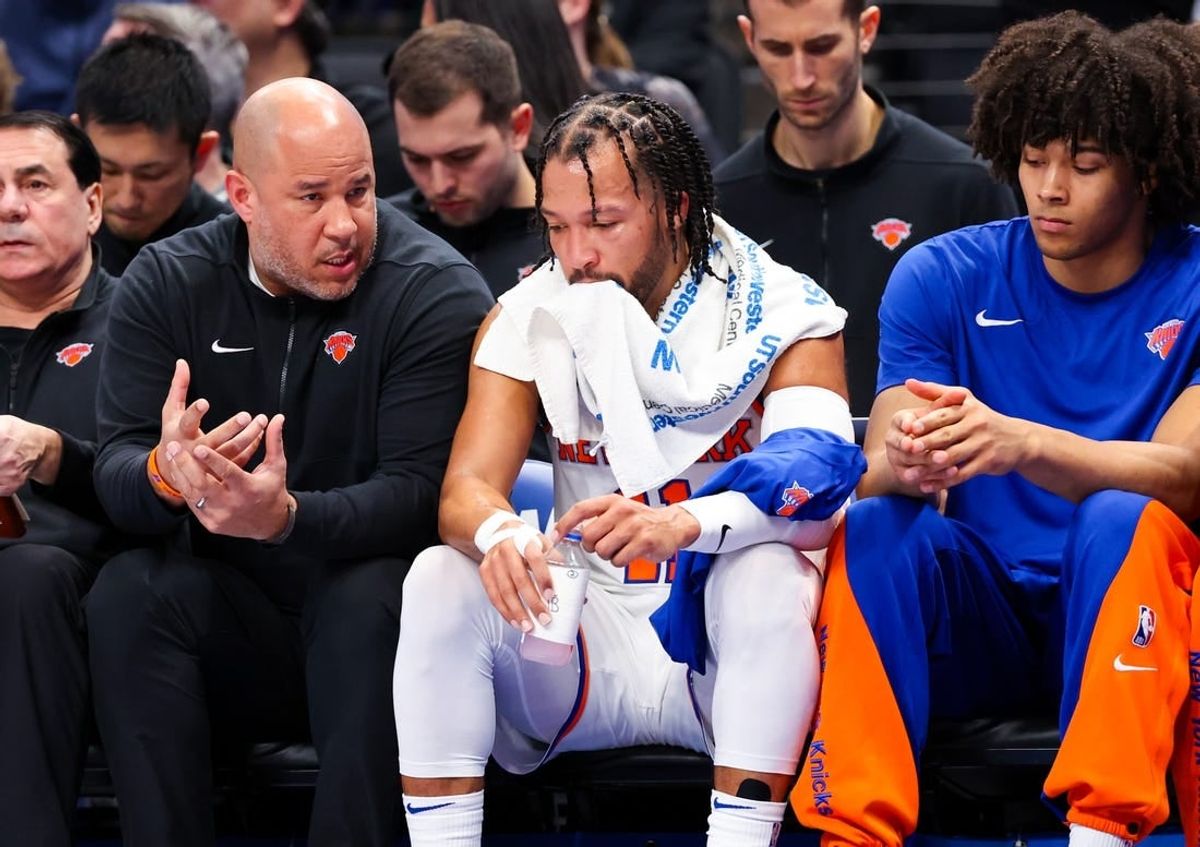 Jan 11, 2024; Dallas, Texas, USA;  New York Knicks guard Jalen Brunson (11) reacts on the bench during the first half against the Dallas Mavericks at American Airlines Center.
