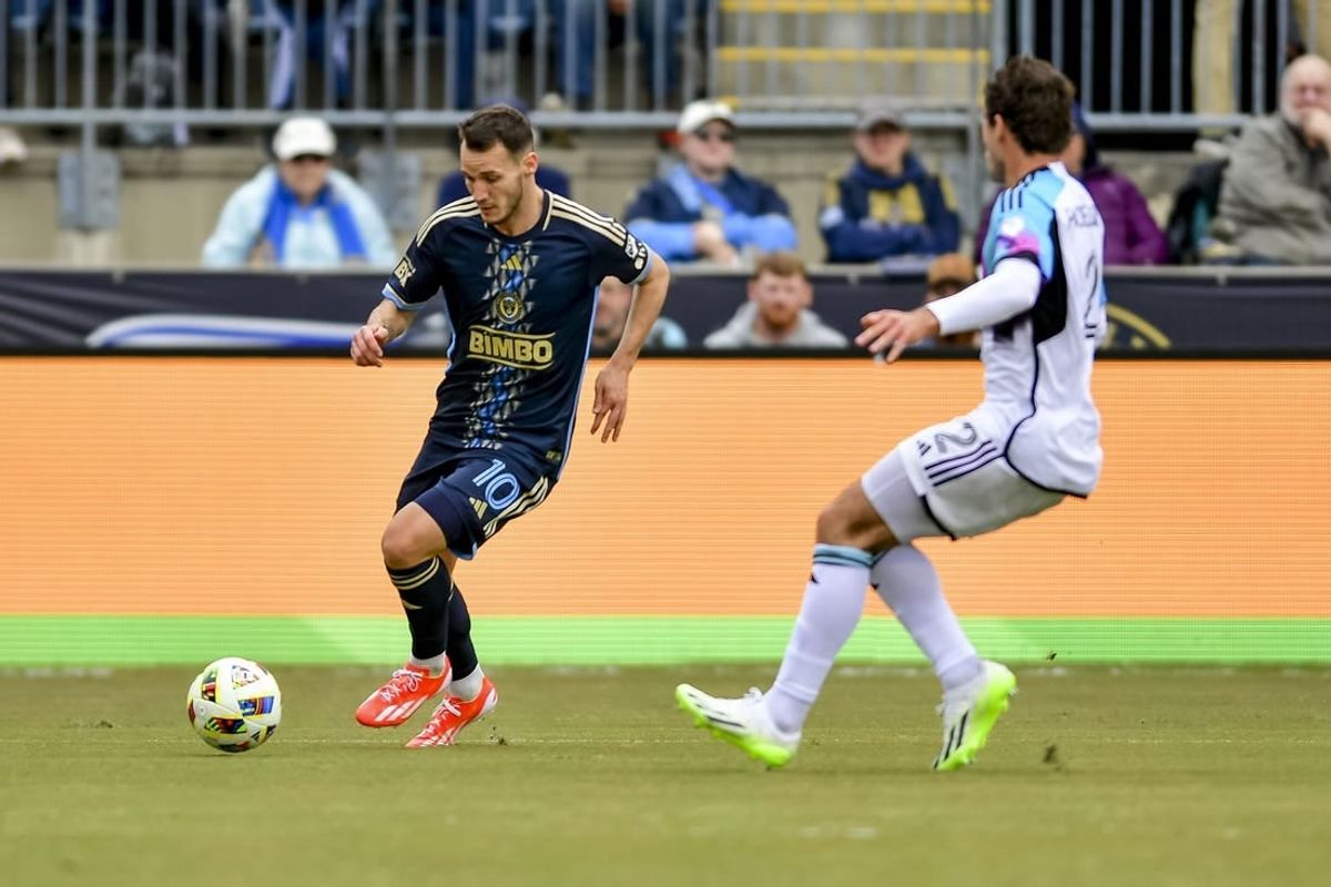 Mar 30, 2024; Philadelphia, Pennsylvania, USA; Philadelphia Union midfielder Daniel Gazdag (10) dribbles the ball during the first half at Subaru Park.