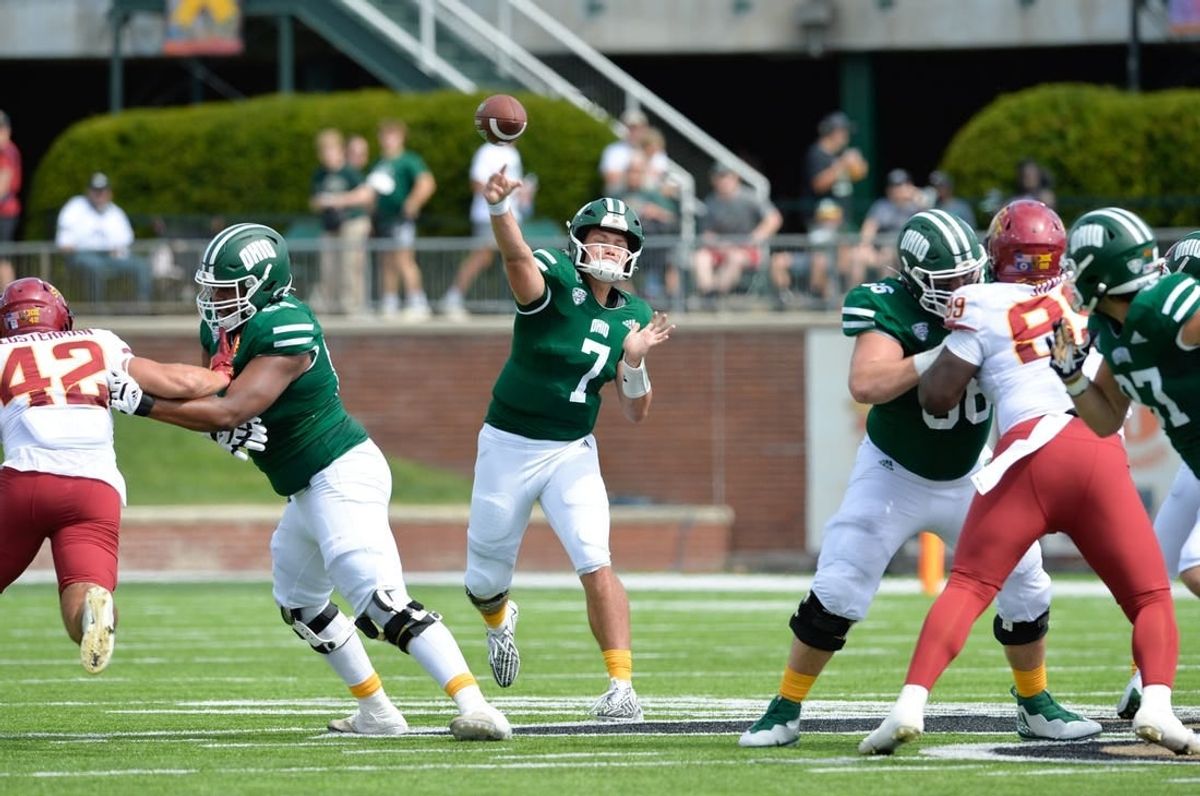 Sep 16, 2023; Athens, Ohio, USA;  Ohio University Bobcats quarterback Kurtis Rourke (7) during the second quarter against the Iowa State Cyclones at Peden Stadium.