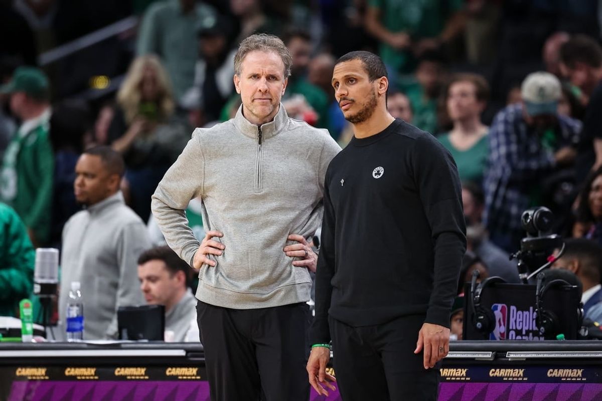 Mar 17, 2024; Washington, District of Columbia, USA; (L-R) Washington Wizards interim head coach Brian Keefe interacts with Boston Celtics head coach Joe Mazzulla during the second half of the game at Capital One Arena.
