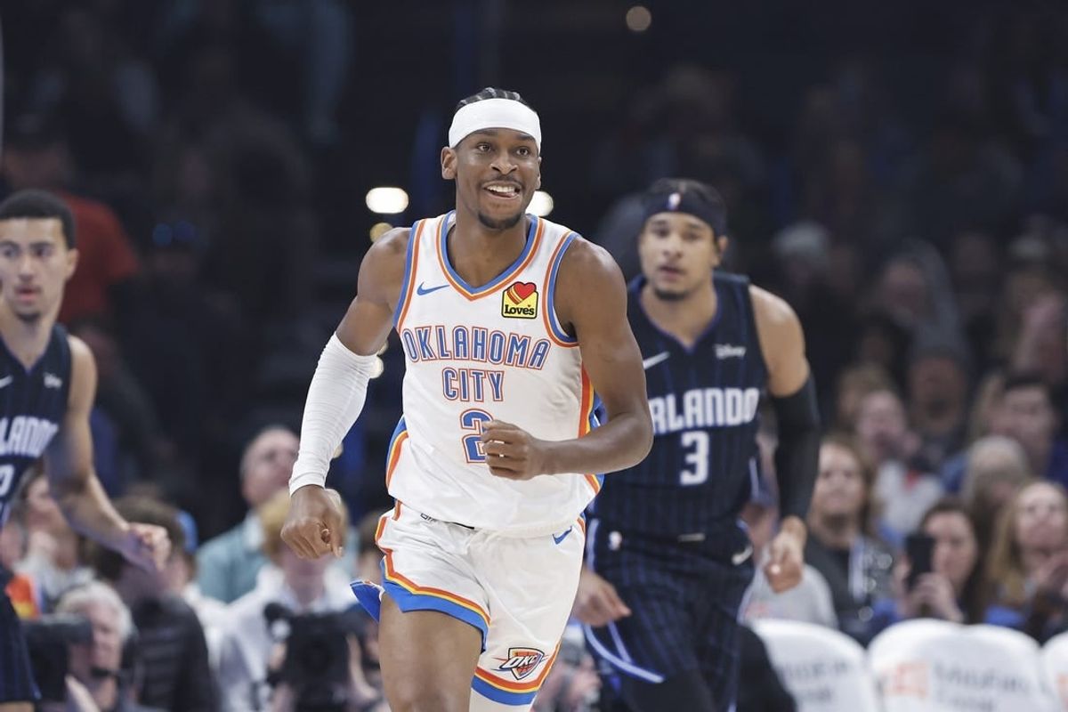Jan 13, 2024; Oklahoma City, Oklahoma, USA; Oklahoma City Thunder guard Shai Gilgeous-Alexander (2) smiles after scoring against the Orlando Magic during the first quarter at Paycom Center.