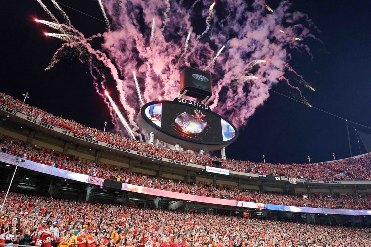 Oct 12, 2023; Kansas City, Missouri, USA; A general view of fireworks exploding prior to a game between the Kansas City Chiefs and Denver Broncos at GEHA Field at Arrowhead Stadium.