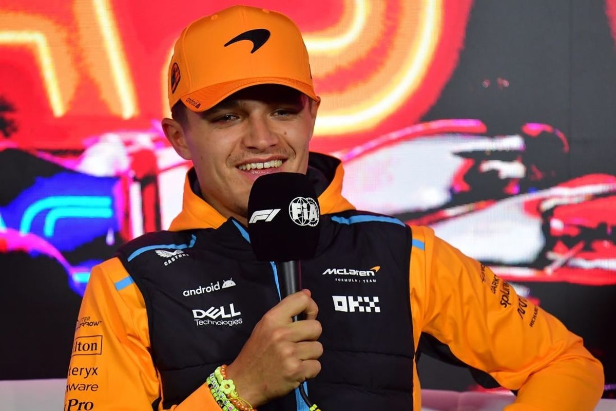 Nov 15, 2023; Las Vegas, Nevada, USA; McLaren F1 Team driver Lando Norris of Great Britain speaks during media availabilities at Las Vegas Strip Circuit.