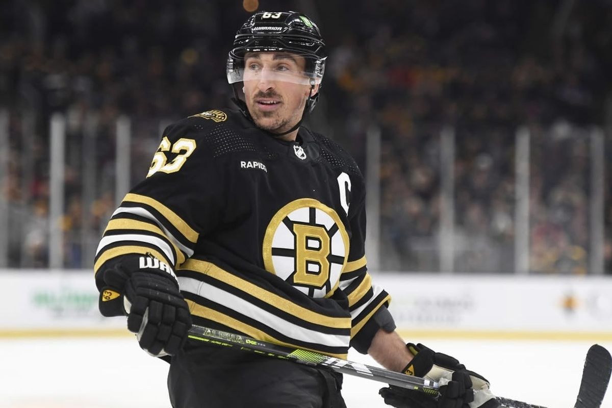 Dec 7, 2023; Boston, Massachusetts, USA; Boston Bruins left wing Brad Marchand (63) looks over at the linesman after an offside call during the first period against the Buffalo Sabres at TD Garden.